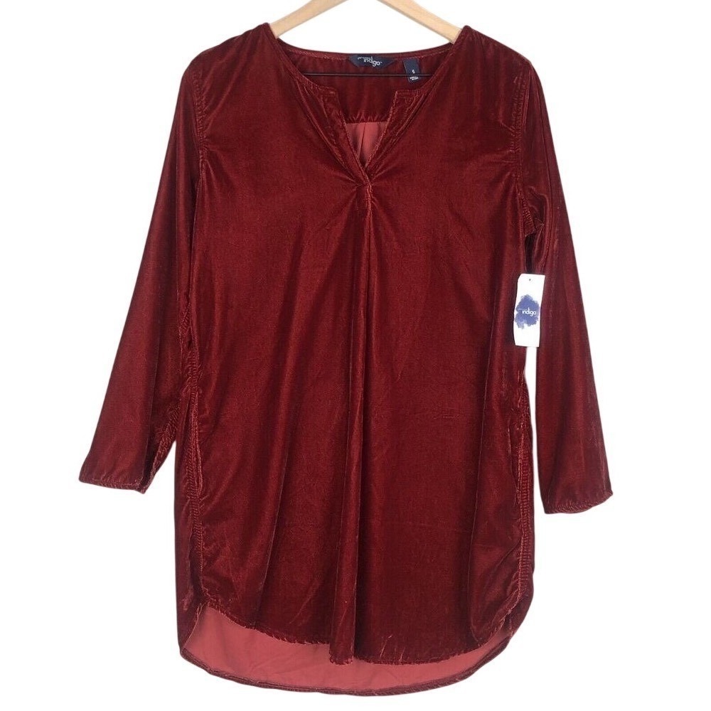 NWT INDIGO Velvet Tunic Shirt Women's Sz S Burgundy Red L/S Pockets Pullover NEW